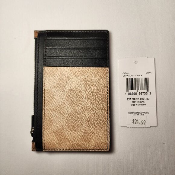 NWT Coach CV764 Zip Card Case Gunmetal/Walnut/ Chalk Signature Canvas/Leather - Picture 2 of 3